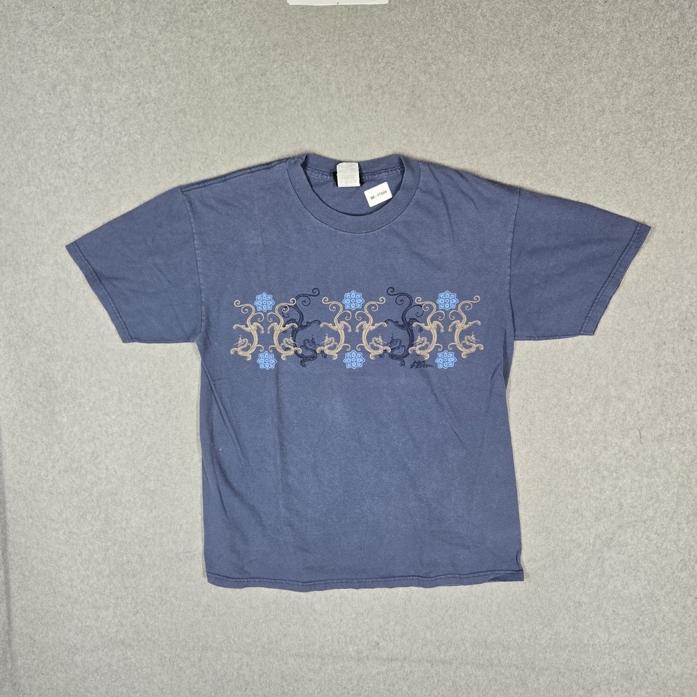 VINTAGE No Fear Men Shirt L Blue Graphic Scroll Design Y2K Skater Grunge READ